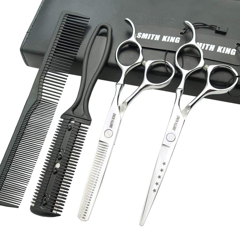 Smithking 6.0 Inches Hair Cutting Scissors Set with Combs Lether Scissors Case,Hair cutting shears Hair Thinning shears For Personal and Professional (Silver) - Image 1